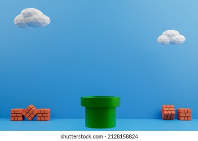 Minimal scene Green pipe on center with brick block  white cloud on blue background. Geometric shape.3D rendering.Use For Product Showcase.