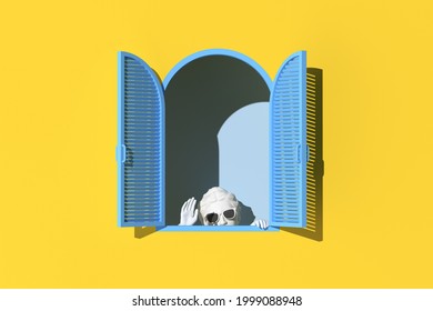 Minimal scene of  hiding human sculpture in blue window on yellow wall background, Minimal concept, 3d rendering.