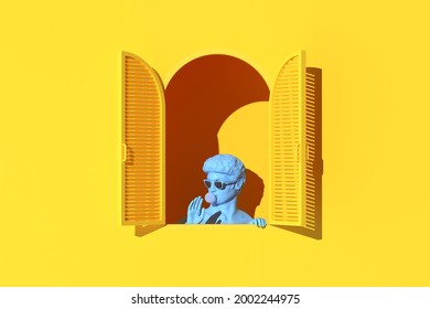 Minimal scene of human sculpture in window on yellow wall background, Minimal concept, 3d rendering.