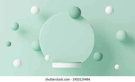 Minimal scene with levitating balls, podium and abstract background. Pastel blue and white colors scene. Trendy 3d render for social media banners, promotion, cosmetic product show. Geometric shapes