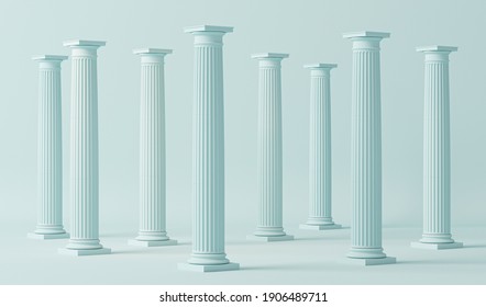 Minimal scene in pastel blue with marble colonnade and classic columns in ancient Greek style. Trendy 3d render for social media, promotion, cosmetic product show, fashion . 
