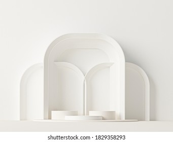 Minimal Scene With Podium, Dome  And Abstract Background. White Colors Scene. Trendy 3d Render For Social Media Banners, Promotion, Cosmetic Product Show. Geometric Shapes Interior.
