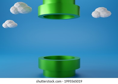 Minimal scene white cloud ,Green Podium on blue background. Geometric shape.3D rendering.Use For Product Showcase.