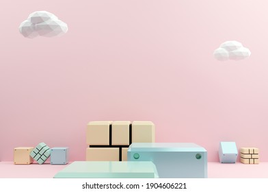 Minimal scene yellow, green ,blue block and white cloud on pink background. Geometric shape.3D rendering.Use For Product Showcase.pastel color Tone.Cute color.