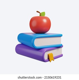 Minimal School Icon Concept, Apple On A Stack Of Books Isolated On White, 3d Render Illustration