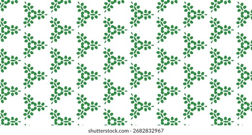 Minimal seamless botanical pattern featuring green leaf motifs arranged in geometric symmetry. This clean repeating design is perfect for eco-friendly packaging, textiles, wallpapers, gift wrapping
