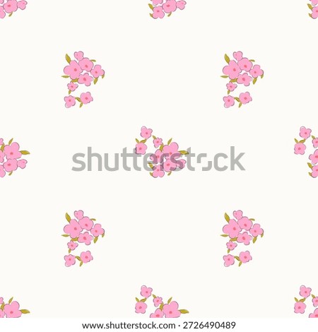 Minimal Seamless Floral Pattern with Small Pink Blossoms on Cream Background, Hand Drawn Cute Spring Flower Digital Paper, Simple Botanical Repeat Design for Fabric, Wallpaper, Scrapbooking