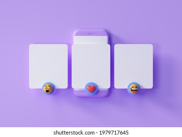 Minimal Social Media Mockup, Smartphone With Interface Carousel And Emojis Post On Social Network On Purple Background. 3d Render Illustration.