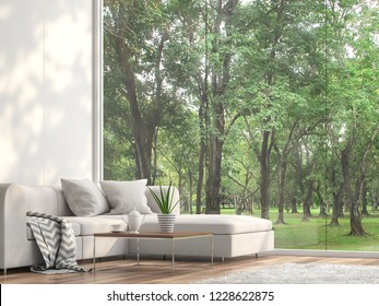 Minimal sofa located at the window 3d render.The Rooms have wooden floors and white wall.furnished with white fabric furniture.There are large frameless window looking out to see the garden view.