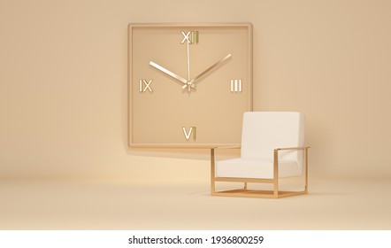 Minimal Stage With Armchair, Clock And Abstract Background. Pastel Cream And Beige Colors. Trendy 3d Rendering For Social Media Banners, Promotion, Cosmetics Trade Show, Time Concept, Studio
