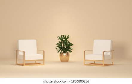 Minimal Stage With Armchair, Plant Pot And Abstract Background. Pastel Cream And Beige Colors. Trendy 3d Rendering For Social Media Banners, Promotion, Cosmetics Trade Show, Time Concept, Studio
