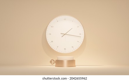 Minimal Stage With Clock And Podium Wind Up Clockwork , Abstract Background. Pastel Cream And Beige Colors. Trendy 3d Rendering For Social Media, Cosmetics Trade Show, Time Concept, Studio
