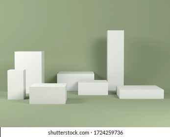 Minimal Still Life Installation With White Boxes Over Light Green Wall. 3d Rendering Illustration