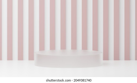 Minimal Style Abstract Background For A Product. Glass Plinth With Pink Striped Background. 3d Visualization