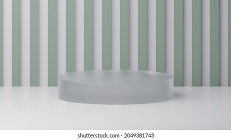 Minimal Style Abstract Background For A Product. Glass Plinth With Green Striped Background. 3d Visualization