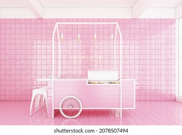 Minimal Style Coffee Shop With Pink Backdrop, Pink Wall And Pink Tile Floor, 3D Rendering.