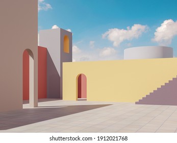 Minimal Style Colorful Building Exterior With Blue Sky Background 3d Render