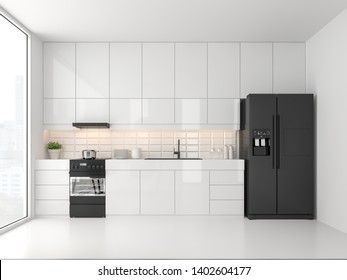 Minimal Style Kitchen 3d Render.There Are White Floor And Wall, Glossy White Cabinet Doors,Black Refrigerator And Oven,The Room Has Large Windows. Lookink Out To The City View.