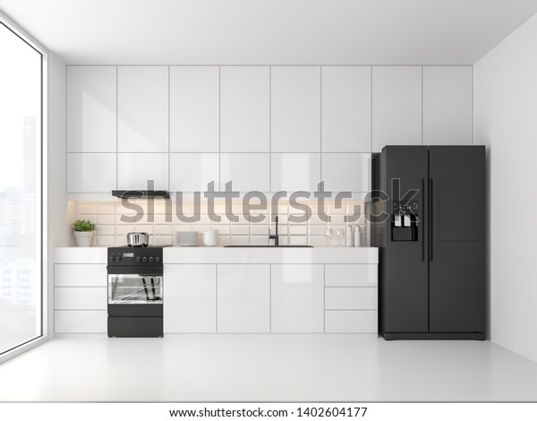 最小スタイルのキッチン3dレンダリング 白い床と壁 光沢のある白いキャビネットドア 黒い冷蔵庫とオーブン 部屋には大きな窓があります 街の景色を見る のイラスト素材