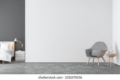 Minimal style  living room and bedroom 3d rendering image.There are concrete floor,white and gray wall.Finished with white bed and gray fabric lounge chair.