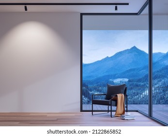 Minimal style living room with winter view background 3d render,There are wood floor,white empty wall decorate with black chair,large windows. Looking out to see the view of mountain and snow.