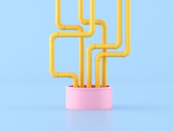 Minimal Style Of Messy Yellow Water Pipes Come Out From Pink Pipe. 3D Rendering.