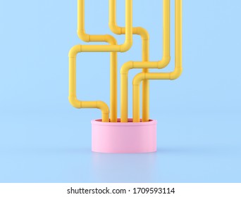 Minimal style of messy yellow water pipes come out from pink pipe. 3D rendering.