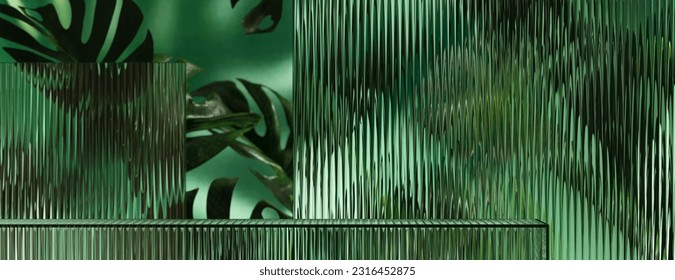 Minimal style mockup for product presentation. Cosmetic podium with ribbed glass on green garden background. 3d rendering illustration. Clipping path of each element included.