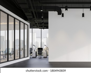 Minimal style office with empty white wall 3d render.There are black granite tile floors and black ceilings with piping systems. with large windows, overlooking city view.