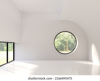 Minimal style white empty room interior with circle shape overlooking nature view 3d render sunlight shining into the room.