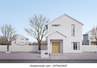 Minimal Style White House Exterior.Gable Roof,glass Window And Wooden Door With Blue Sky.3d Rendering