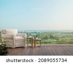 Minimal style wooden terrace with nature view 3d render,There has dark wooden floors,decorated with white leather armchair