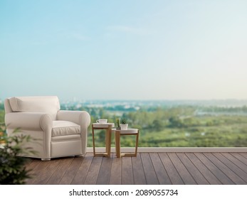 Minimal style wooden terrace with nature view 3d render,There has dark wooden floors,decorated with white leather armchair