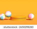 Minimal summer background with colorful beach balls rolling around an orange podium on yellow background, perfect for showcasing summer products