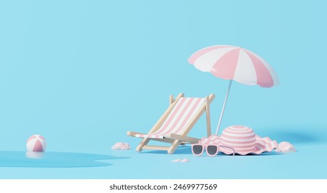 Minimal Summer scene with beach chair, hat and umbrella on blue background with ocean. 3D render.