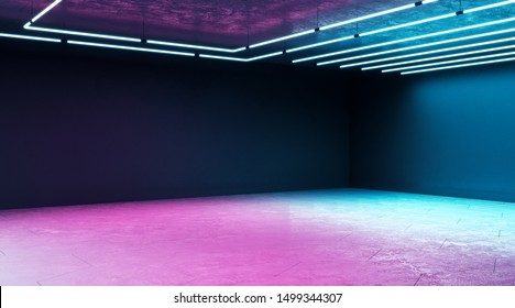 Minimal techno concept with modern empty exhibition hall with blank wall and neon paints. 3D Rendering