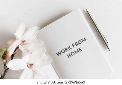 Minimal text-based image with “WORK FROM HOME” phrase, representing remote work, digital business, and freelancing lifestyle 