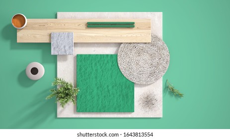 Minimal turquoise background, copy space, marble limestone and granite slabs, wooden plank, cutting board, rosemary and pepper and decors. Kitchen interior design concept, mood board, 3d illustration - Shutterstock ID 1643813554