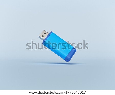 minimal USB flash drive icon isolated on pastel blue background. 3d rendering