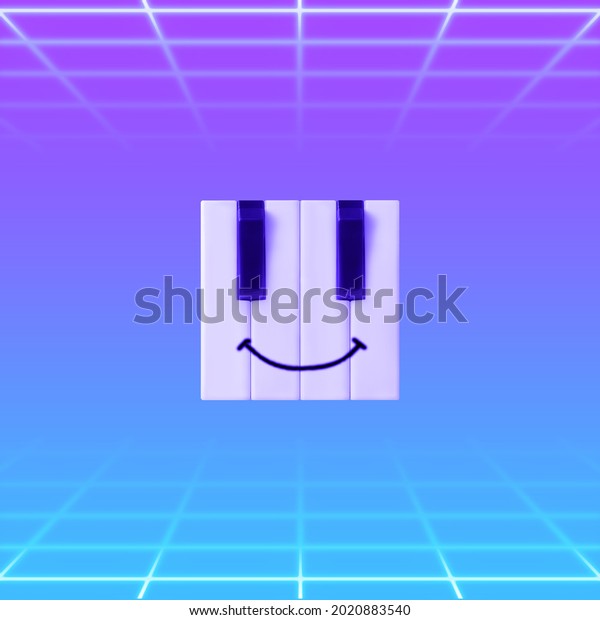Minimal vaporwave or cyberpunk abstract music scene with\
creative emoticon made of piano keys on vibrant, purple and blue\
gradient background with perspective grid. Happy face emoji 3D\
illustration. 