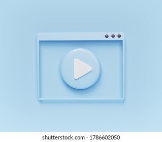 Minimal Video Player Window With Play Button On Pastel Blue Background. 3d Rendering