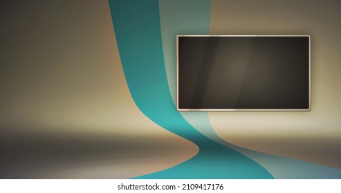 Minimal Virtual Studio With An Empty Monitor, Ideal For Tv News, Shows Or Games. A 3D Illustration, Suitable On VR Tracking System Sets, With Green Screen