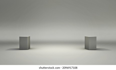 Minimal Virtual Studio Set With Two Seats. A White, Empty Broadcast Background, Ideal For Tv Talk Shows Or Interviews. 3D Rendering Backdrop For VR Tracking System Stage Sets, With Green Screen