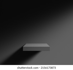 Minimal Wall Black Dark Light Shadow Spotlight Pedestal Box On Wall Platform Product Display Advertising Cosmetic Skincare Stand Background. Studio Photography Modern Style Backdrop. 3D Illustration.