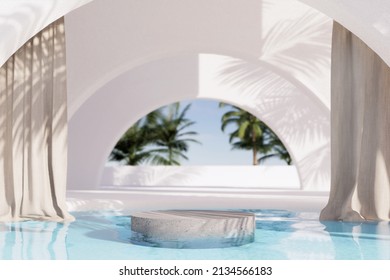 Minimal white arch background with marble podium on the water for product and cosmetic presentation. Summer scene. realistic rendering 3D illustration.