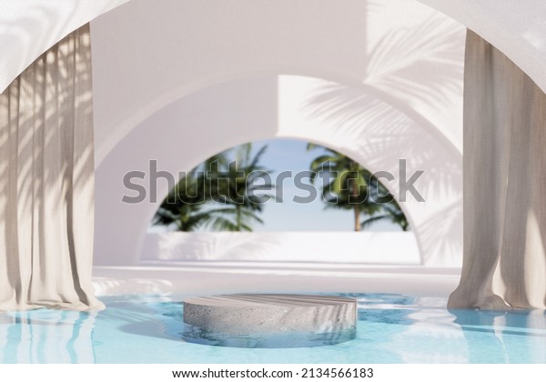 Minimal white arch background with marble\
podium on the water for product and cosmetic presentation. Summer\
scene. realistic rendering 3D\
illustration.