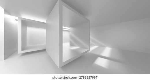 Minimal white interior featuring large hollow cube frames, crisp edges and directional light creating defined shadows and strong spatial composition.