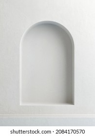 Minimal white plaster podium for product presentation. White arch background, 3d illustration