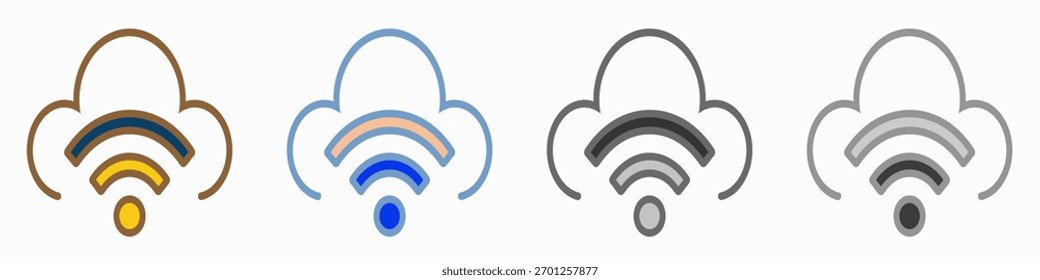 Minimal wifi cloud vector icon representing wireless network and internet connection.Includes four inverted grayscale versions for dark mode or monochrome UI use.
