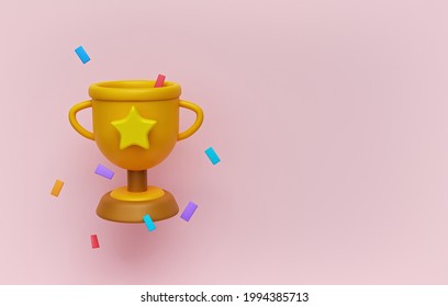 Minimal Winner Trophy Cup And Confetti. 3d Rendering